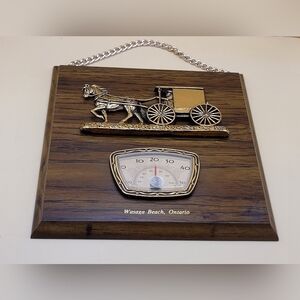 Vintage Wood Wall Barometer Plaque Horse Buggy Made in Canada Wasaga Beach 8"